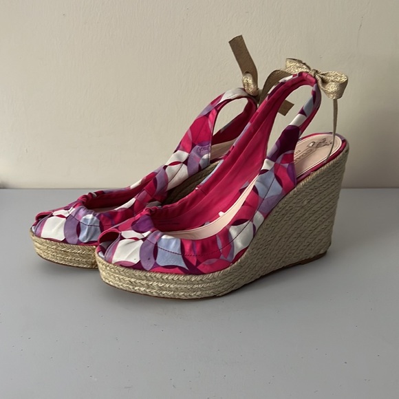 COACH Maritza Espadrille Platform Wedge Peep Toe Pink Canvas Heeled Sandals - Picture 3 of 12